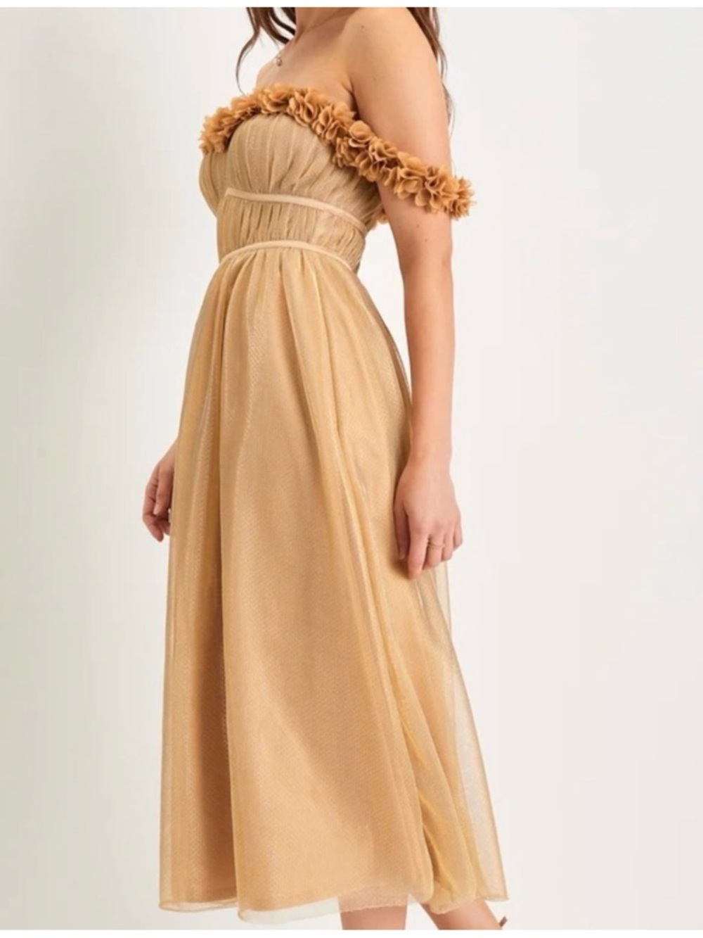 New Off-Shoulder Floral Trim Midi Dress in Camel